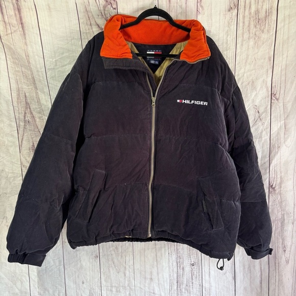 Vintage Tommy Hilfiger 90s Corduroy Trucker Style Black Puffer Jacket XXL - Picture 1 of 9